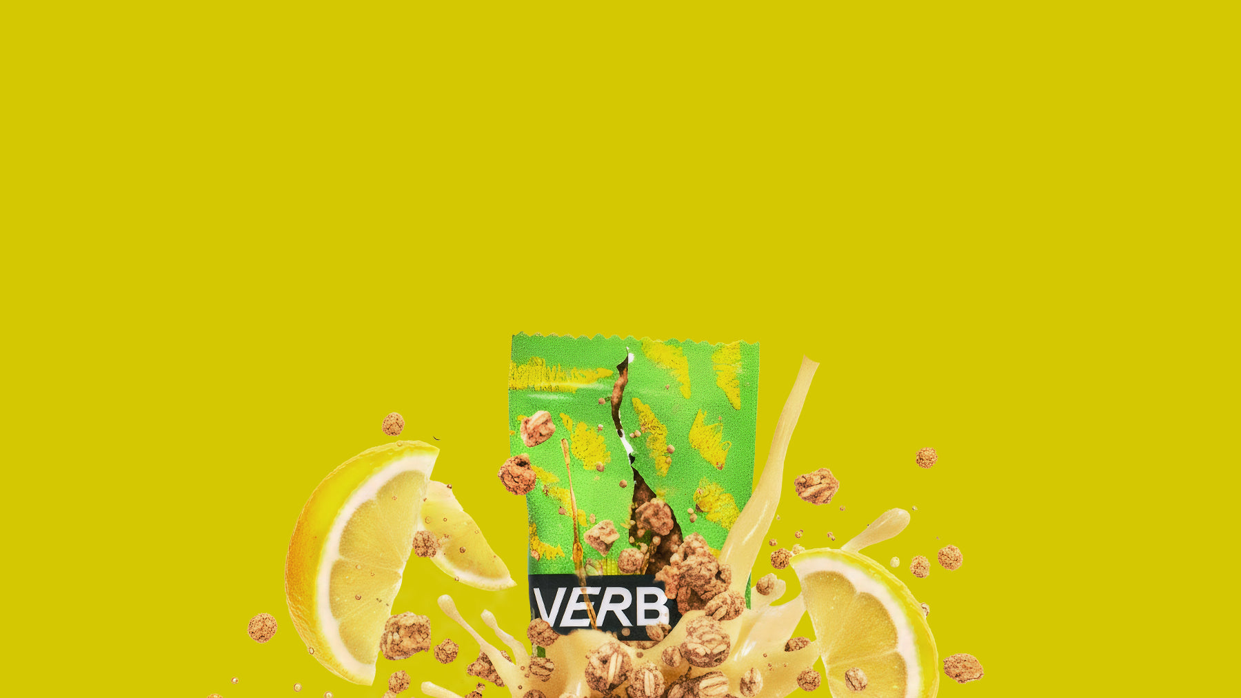 Green package with 'VERB' branding on a yellow background with lemon slices and snacks.