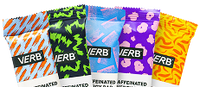 Set of Verb hair product packaging with colorful designs on a white background