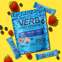 VERB Daily Hydrate electrolyte drink mix package with berries on a yellow background