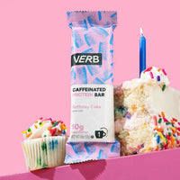 A stack of chocolate chip peanut butter flavored caffeinated protein bars with the brand name VERB visible on the packaging.