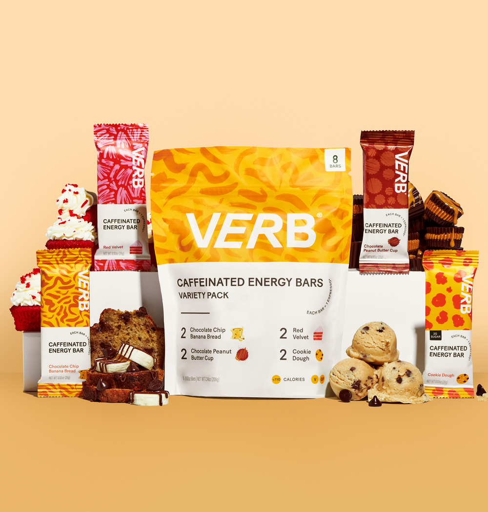 Verb caffeinated energy bars variety pack with different flavors on a beige background