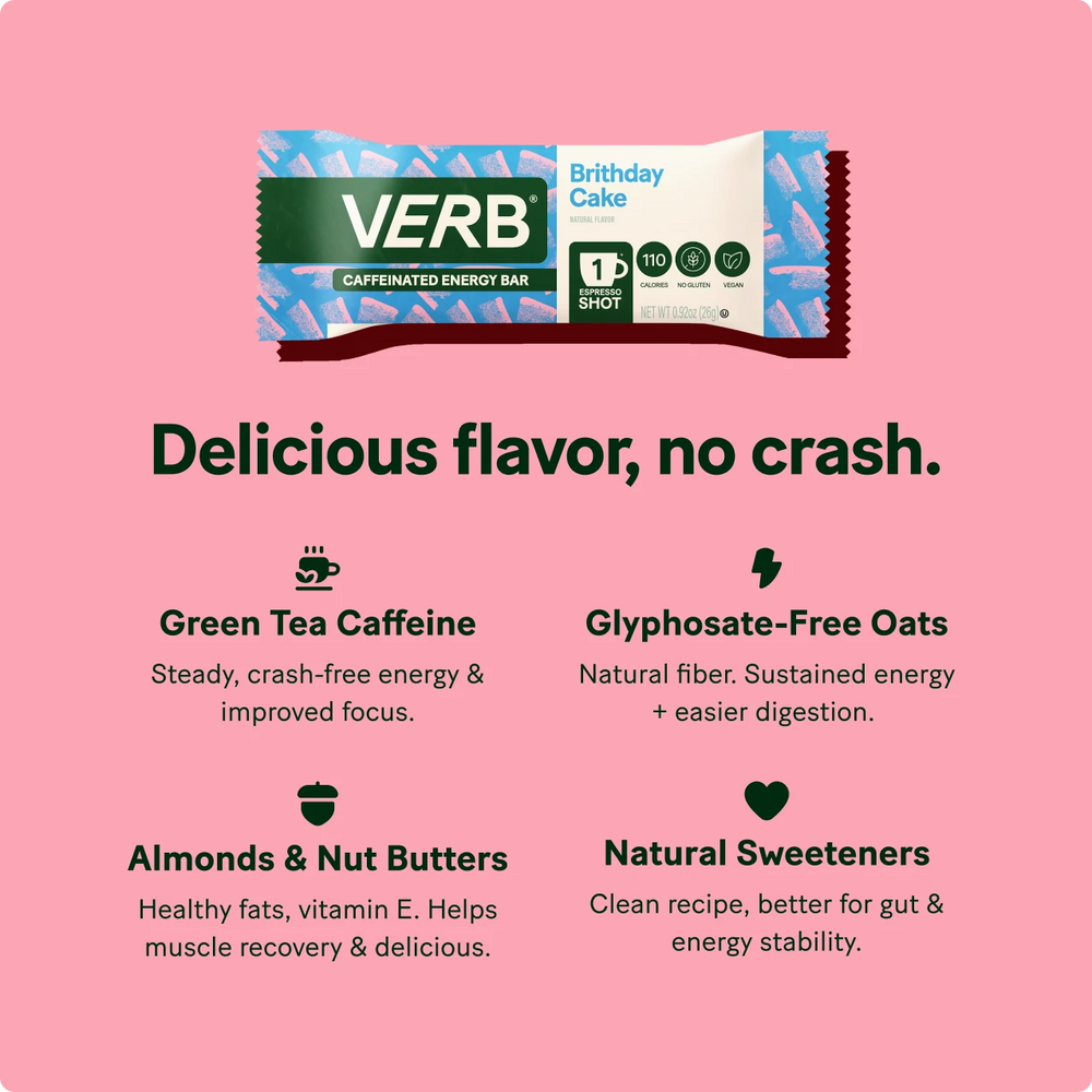 Verb energy bar packaging on a pink background with text highlighting ingredients and benefits.