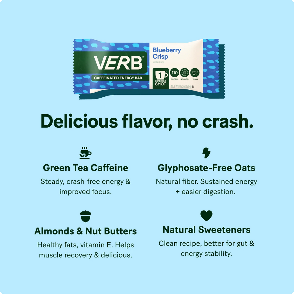 VERB energy bar packaging with ingredients listed on a light blue background