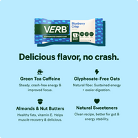 VERB energy bar packaging with ingredients listed on a light blue background