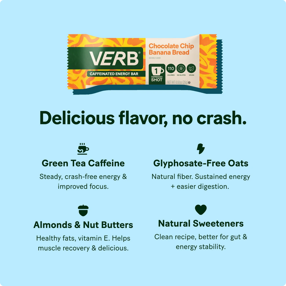 VERB energy bar packaging with text highlighting ingredients and benefits on a light blue background
