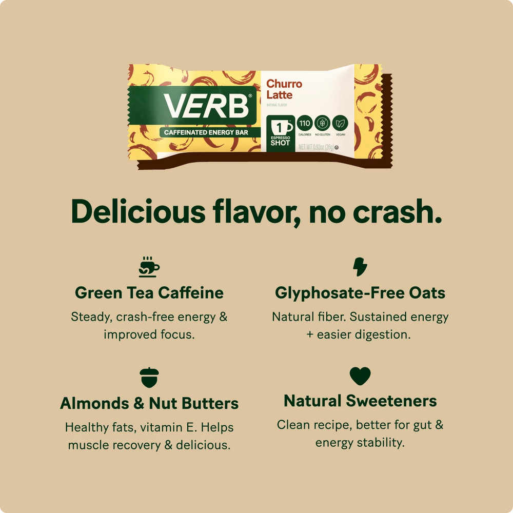 VERB Churro Latte energy bar packaging on a beige background with text highlighting ingredients and benefits.