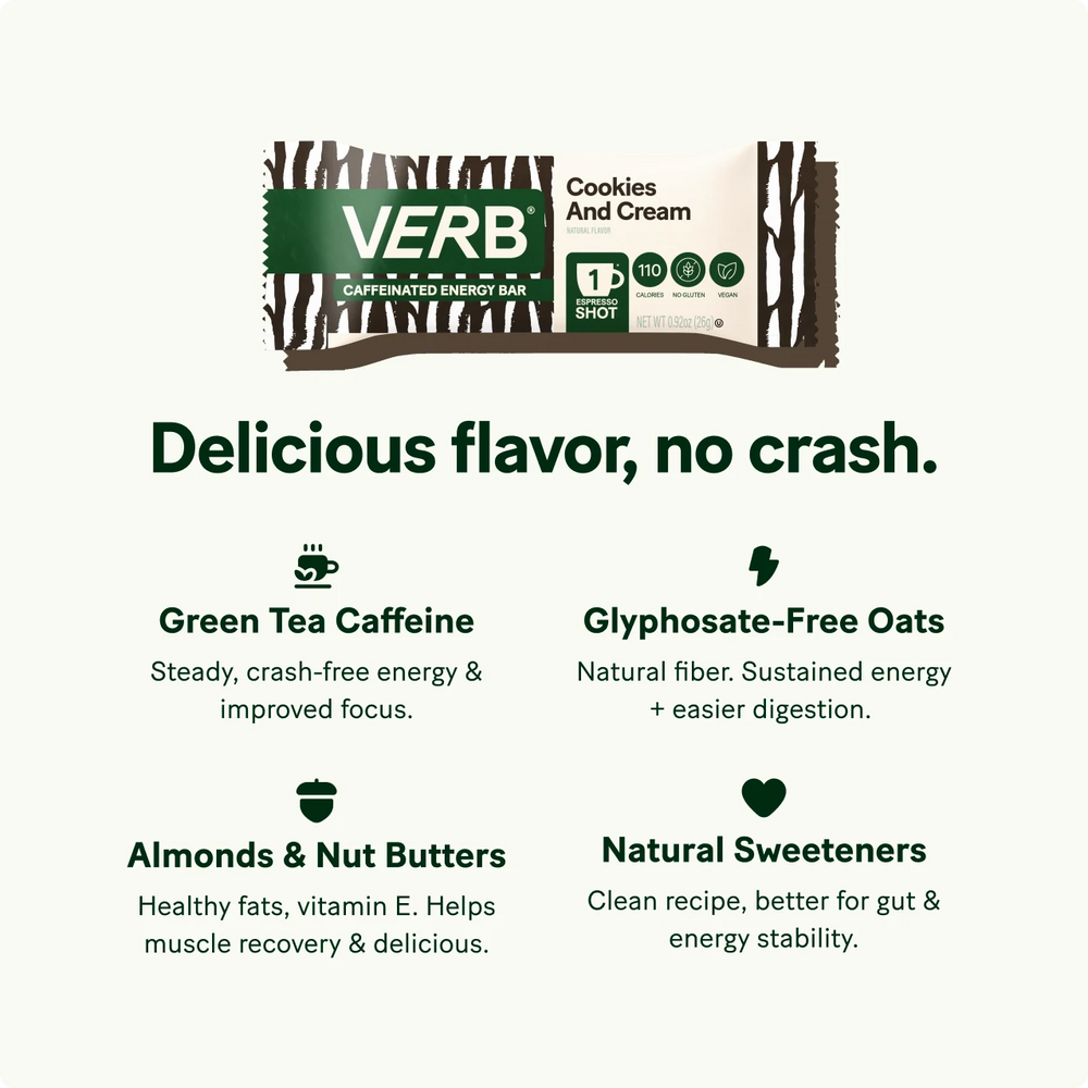 VERB Cookies and Cream energy bar packaging with ingredients listed on a white background