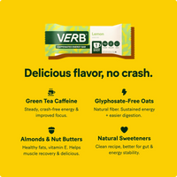 Verb energy bar packaging on a yellow background with text highlighting ingredients and benefits.