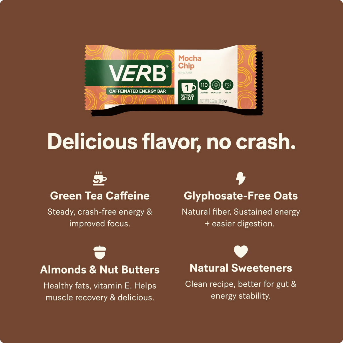 VERB Mocha Chip energy bar packaging on a brown background with product features listed.