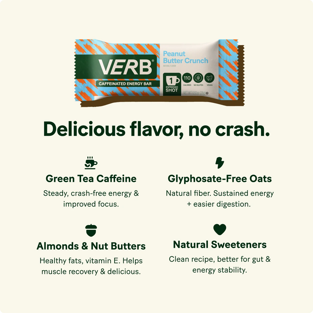 Verb energy bar packaging with text highlighting ingredients and benefits on a beige background