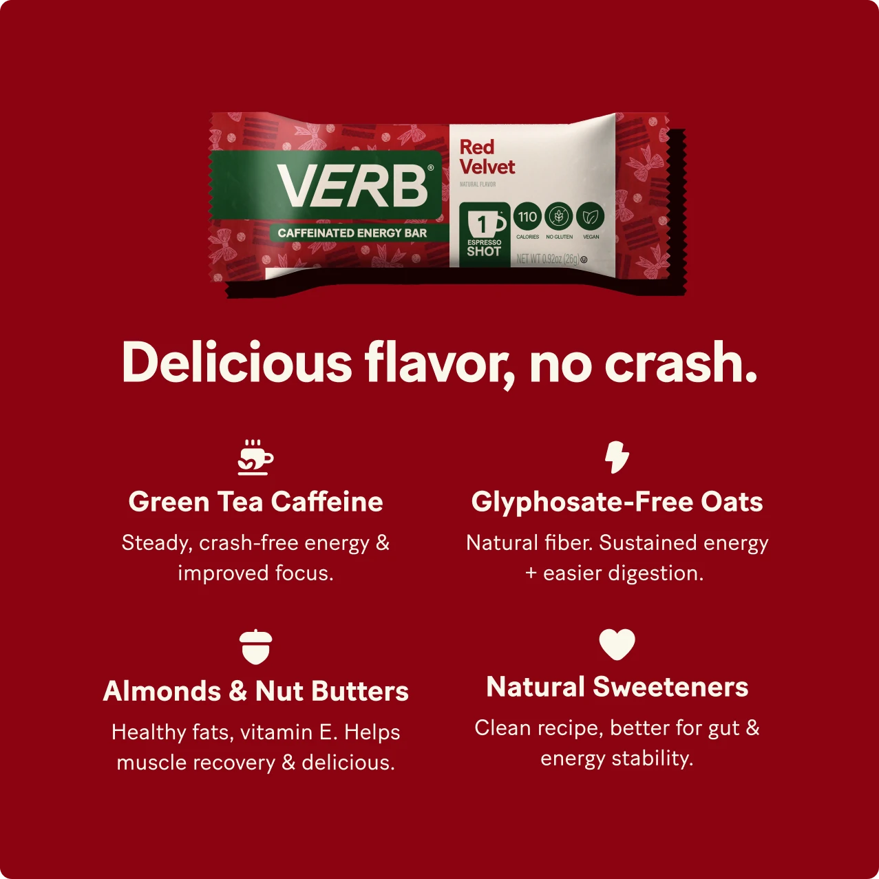 Verb Red Velvet caffeinated energy bar on a red background with product details.