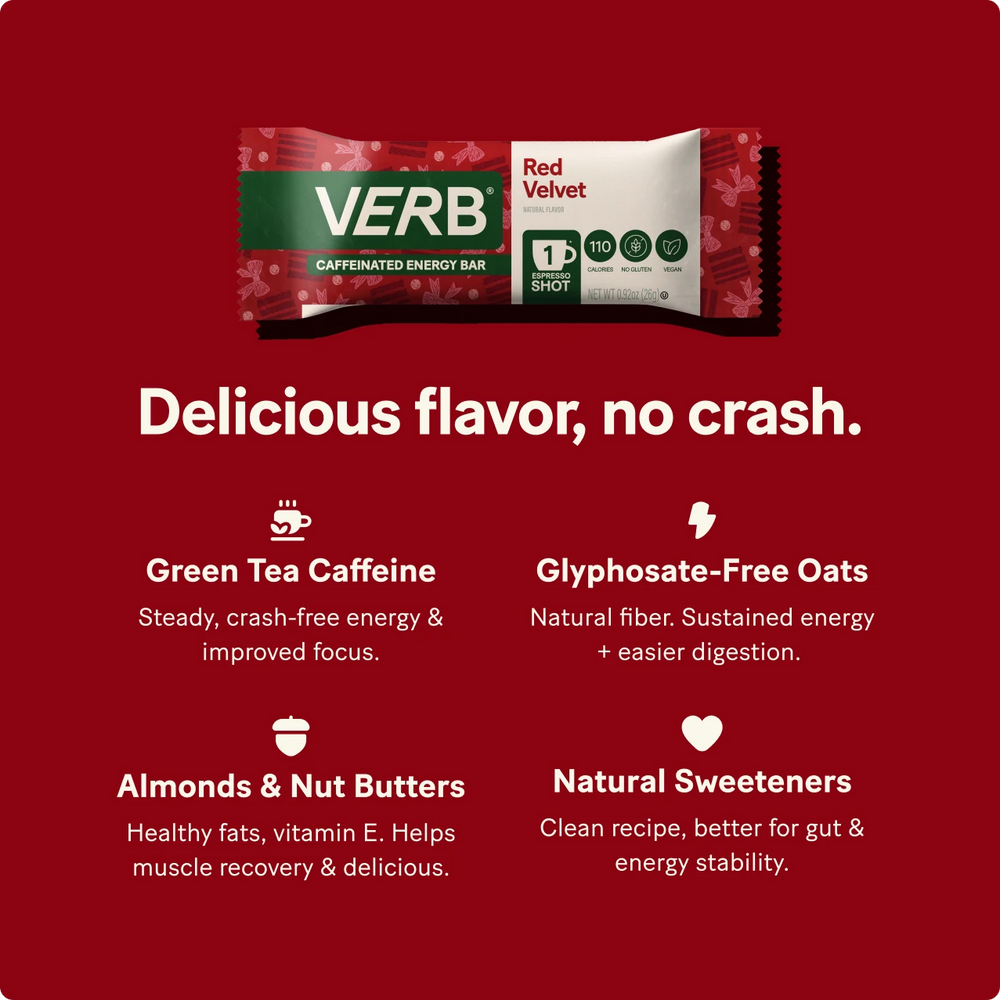 Verb Red Velvet caffeinated energy bar on a red background with product details.