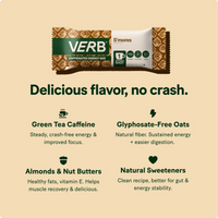 VERB S'mores energy bar with ingredients listed on a beige background