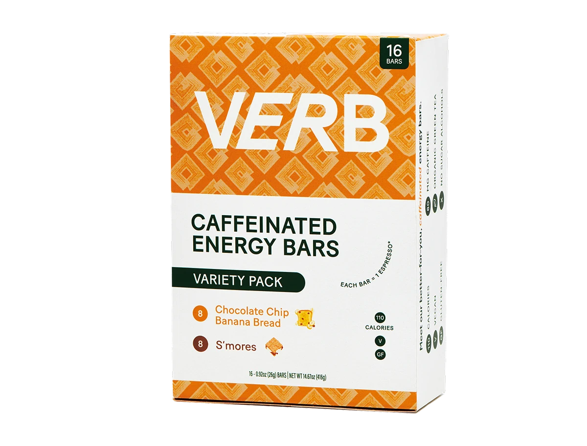Box of Verb caffeinated energy bars on a white background