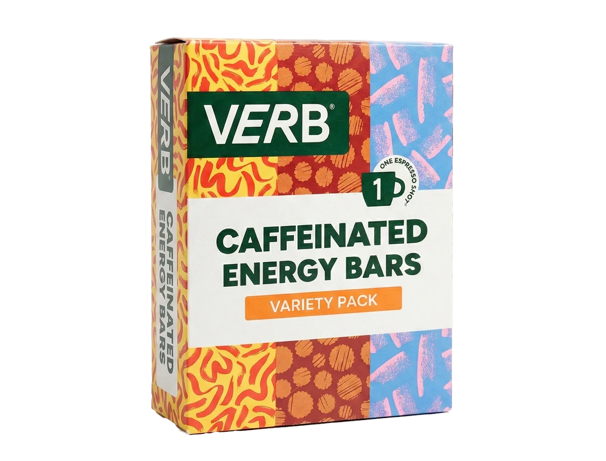 Box of Verb Caffeinated Energy Bars with colorful design on a white background