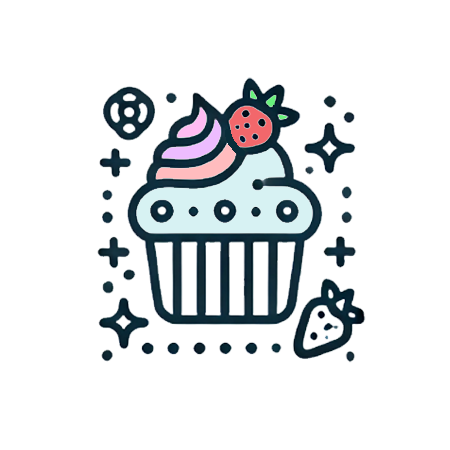 Illustration of a cupcake with colorful frosting and strawberries.
