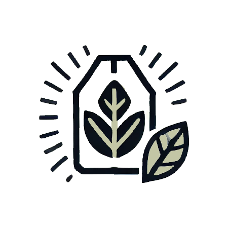 Illustration of a tea bag with leaves and radiating lines.