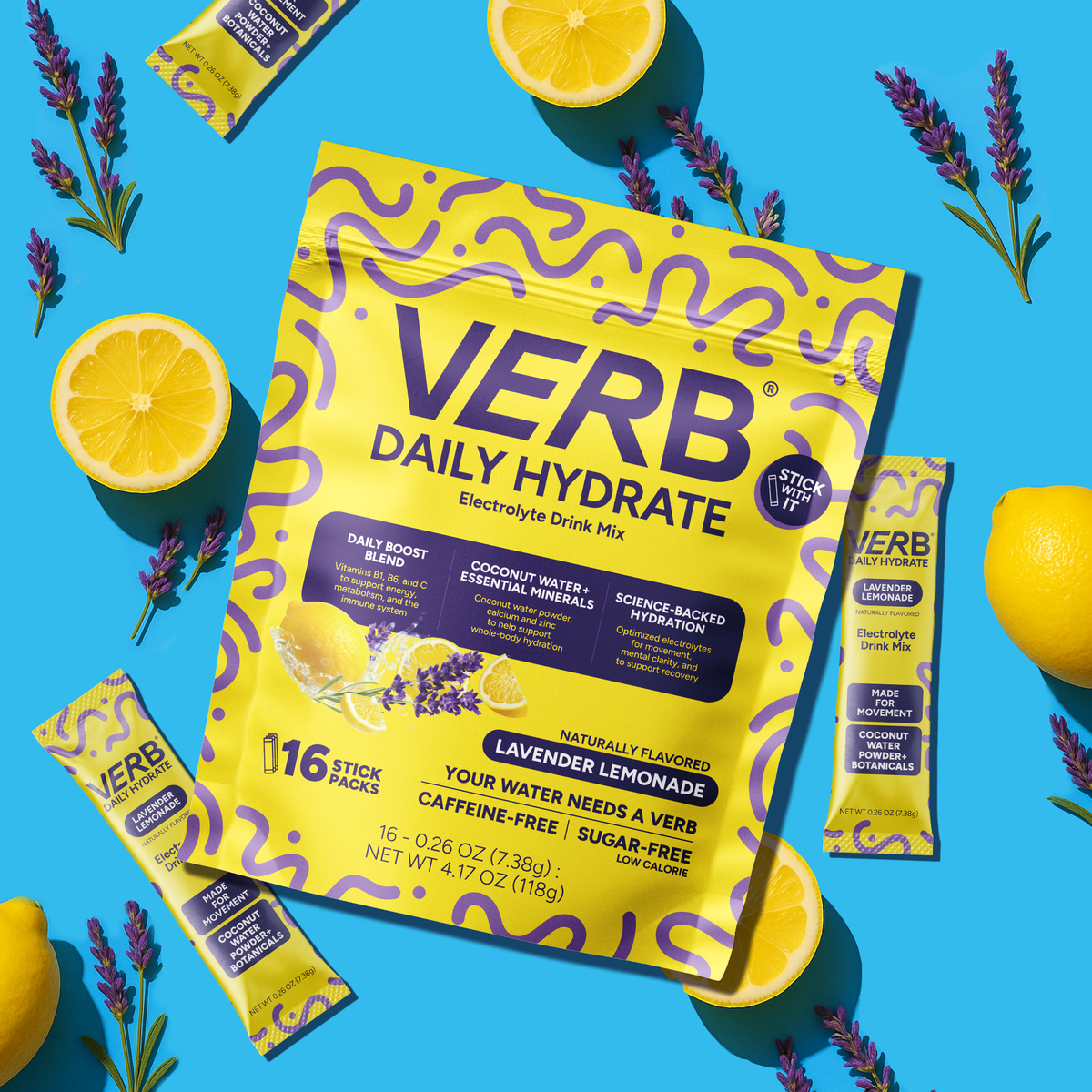Verb Daily Hydrate electrolyte drink mix package with lemons and lavender on a blue background