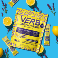 Verb Daily Hydrate electrolyte drink mix package with lemons and lavender on a blue background