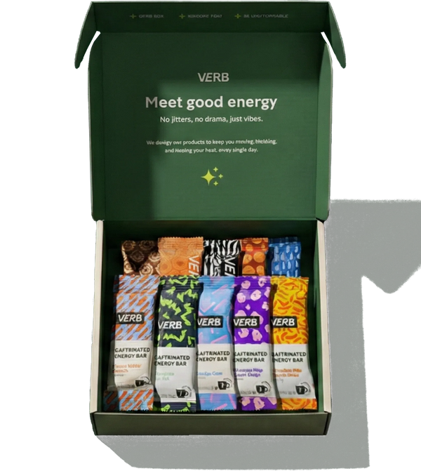 Box of Verb energy bars with colorful packaging on a white background