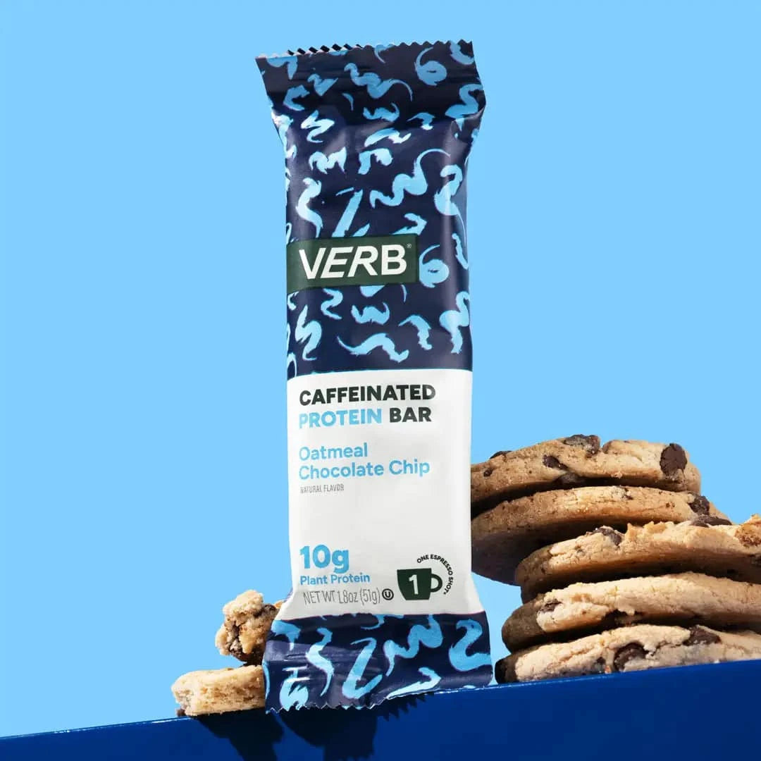 A stack of chocolate chip peanut butter flavored caffeinated protein bars with the brand name VERB visible on the packaging.