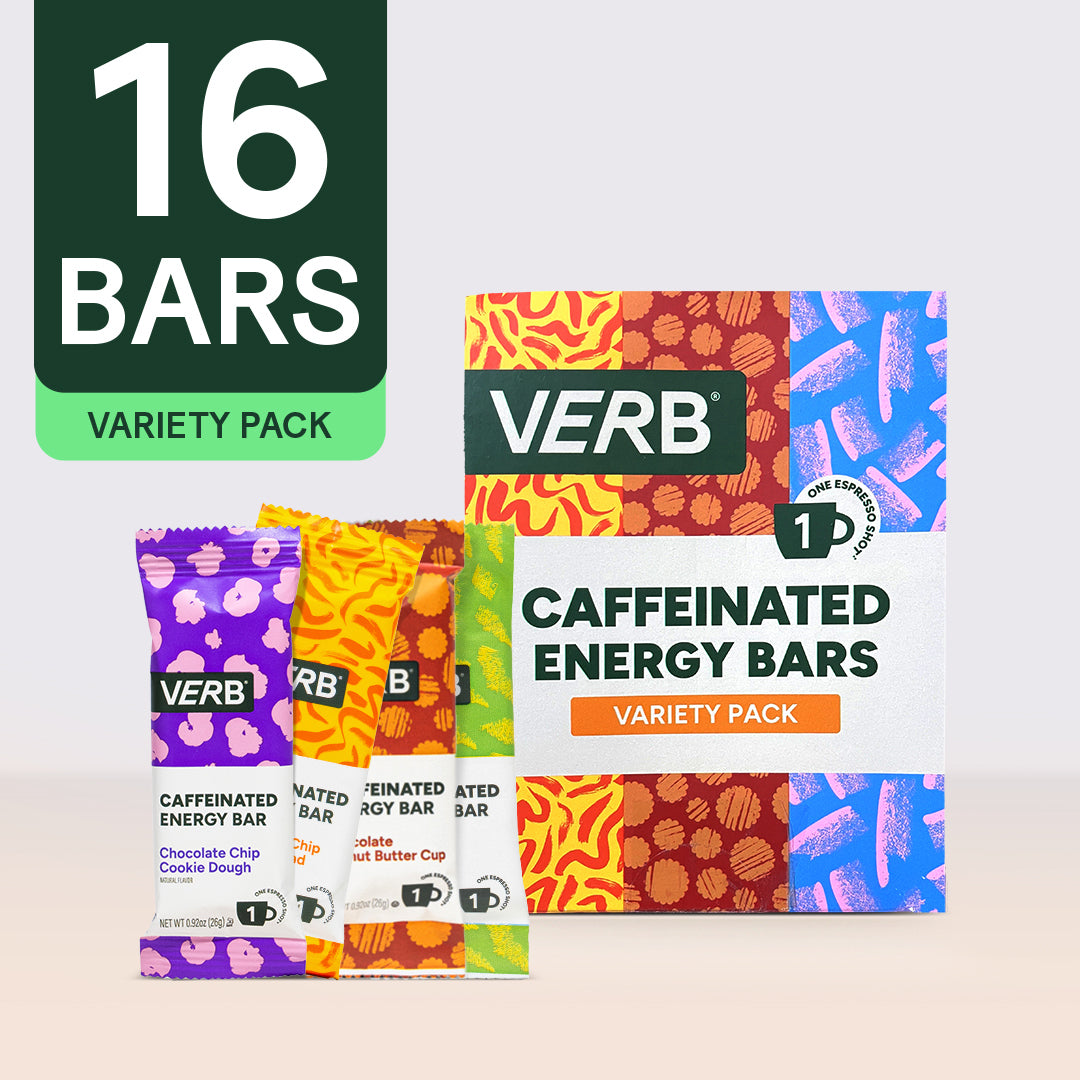 Verb Caffeinated Energy Bars variety pack with colorful packaging on a light background